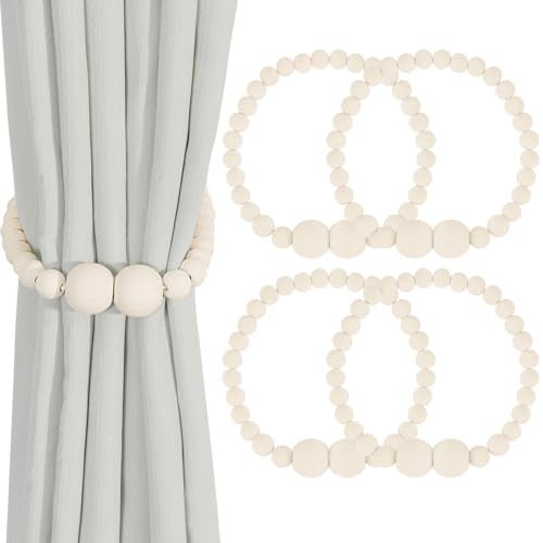 KLOGTSIND Magnetic Curtain Tiebacks, 4 Pack Curtain Holdbacks for Draperies, Wood Bead Curtain Tiebacks, Elegant Curtain Tie Backs for Bedroom Decor, Boho Room Decor, Nursery Decor, Farmhouse Decor - Image 1