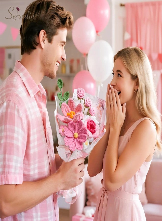 Serwalin Crochet Flower Bouquet, Pink Handmade Knitted Flowers, Crochet Tulips Galsang Flowers for Lover Teacher Anniversary Birthday Party Mother's Day Graduation Gifts - Image 2