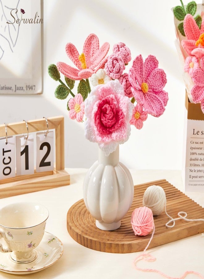 Serwalin Crochet Flower Bouquet, Pink Handmade Knitted Flowers, Crochet Tulips Galsang Flowers for Lover Teacher Anniversary Birthday Party Mother's Day Graduation Gifts - Image 4