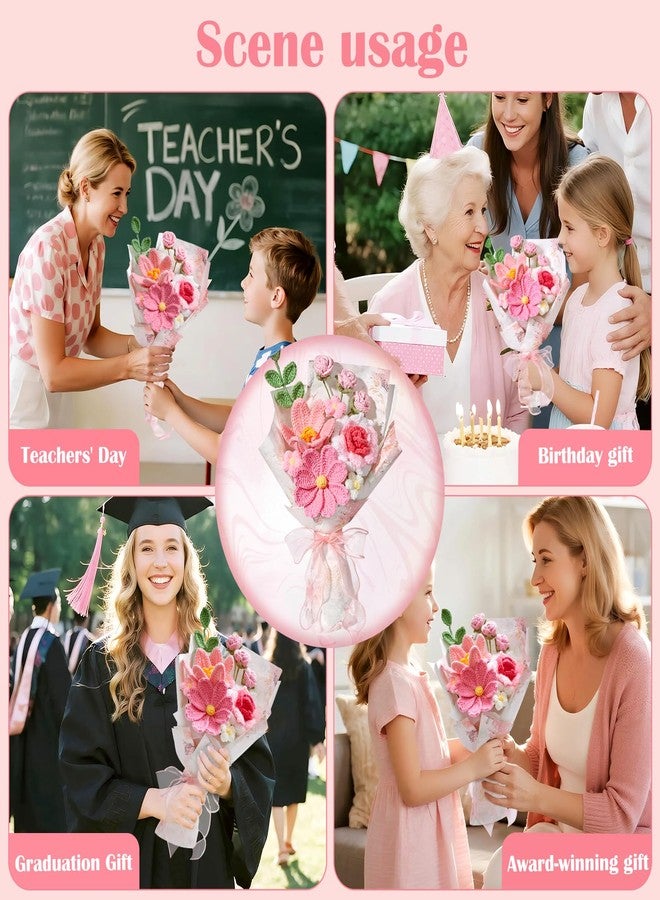 Serwalin Crochet Flower Bouquet, Pink Handmade Knitted Flowers, Crochet Tulips Galsang Flowers for Lover Teacher Anniversary Birthday Party Mother's Day Graduation Gifts - Image 3