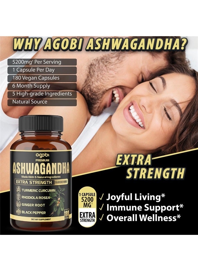 agobi كبسولات أشواغاندا الفاخرة 5 في 1 - مستخلصات عالية الجودة تعادل 5200 ملجم من المسحوق - مضاف إليها الكركم، والروديولا الوردية، والزنجبيل، والفلفل الأسود - قوة، ودعم مناعة - 180 كبسولة لمدة 6 أشهر - Image 5