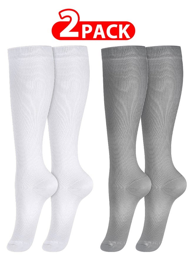 VITION 2 عبوات من جوارب الضغط للرجال والنساء 15-20 مم زئبقي ضغط معتدل جودة طبية دعم أفضل راحة ملائمة امتصاص الرطوبة دوران السفر أبيض/رمادي XXL - Image 1