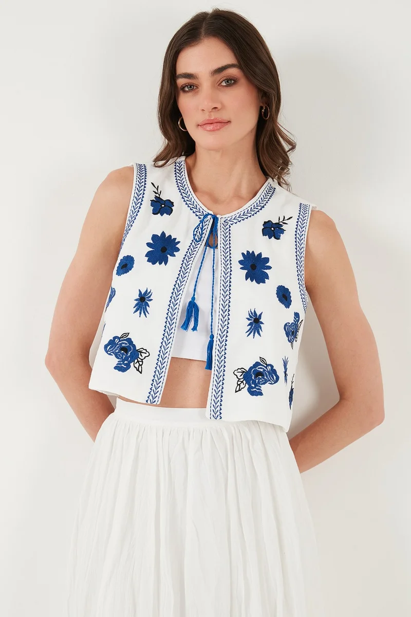 ليلا Lined Embroidered Standard Fit Tied Round Neck Crop Vest Women's Vest 611YL128