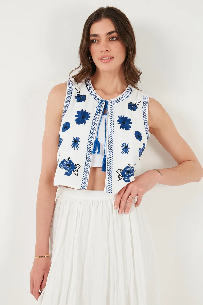 ليلا Lined Embroidered Standard Fit Tied Round Neck Crop Vest Women's Vest 611YL128