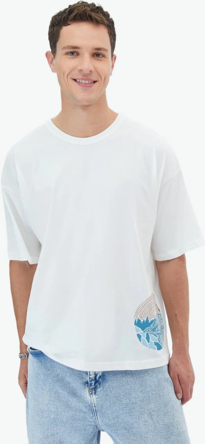 Kip Ecru Printed Crew Neck 100% Cotton T-Shirt