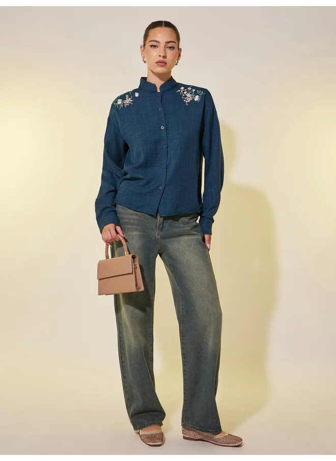 تايك تو Take Two Embroidered Detail Long Sleeve Regular Fit Shirt