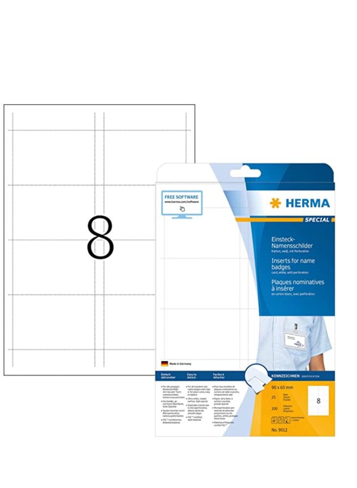 هيرما إدراج شارة اسم قابلة للطباعة من HERMA ، 8 إدراجات في ورقة A4 ، 200 إدراج لطابعات الليزر ونفث الحبر ، 90 × 60 مم (9010) ، أبيض ، 9012