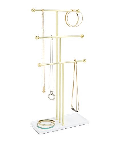 Umbra Trigem Hanging Jewelry Organizer Tiered Tabletop Countertop Free Standing Necklace Holder Display, 3, Brass/White - Image 1