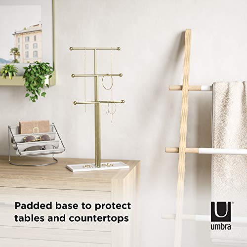 Umbra Trigem Hanging Jewelry Organizer Tiered Tabletop Countertop Free Standing Necklace Holder Display, 3, Brass/White - Image 5