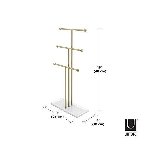 Umbra Trigem Hanging Jewelry Organizer Tiered Tabletop Countertop Free Standing Necklace Holder Display, 3, Brass/White - Image 3