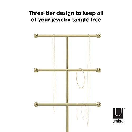 Umbra Trigem Hanging Jewelry Organizer Tiered Tabletop Countertop Free Standing Necklace Holder Display, 3, Brass/White - Image 4