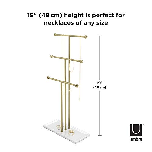 Umbra Trigem Hanging Jewelry Organizer Tiered Tabletop Countertop Free Standing Necklace Holder Display, 3, Brass/White - Image 2
