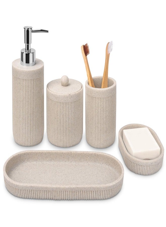 Deobath Bathroom Accessory Set 5Pcs- Lotion Soap Dispenser,Toothbrush Holder,Qtip Holder Dispenser,Vanity Tray and Soap Dish-Modern Bathroom Decor Vanity Countertop Organizer,Beige - Image 1