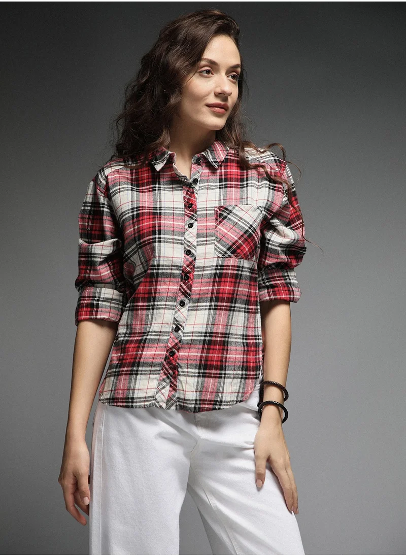 هاي ستار Tartan Checks Spread Collar Long Sleeves Cotton Casual Shirt for Women