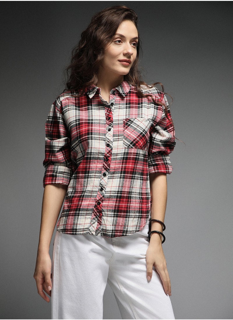 HIGH STAR - Tartan Checks Spread Collar Long Sleeves Cotton Casual Shirt for Women - Image 1