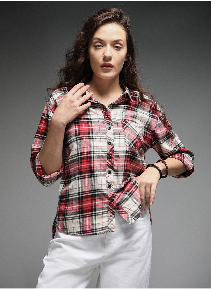 HIGH STAR - Tartan Checks Spread Collar Long Sleeves Cotton Casual Shirt for Women - Image 1