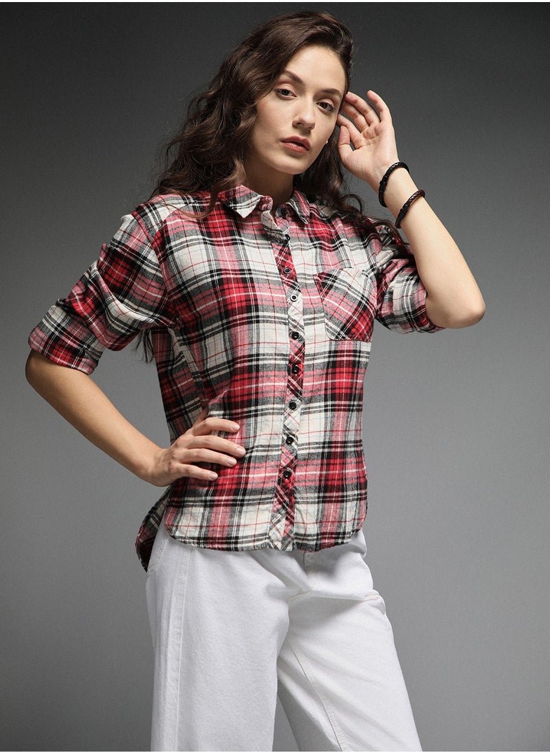 HIGH STAR - Tartan Checks Spread Collar Long Sleeves Cotton Casual Shirt for Women - Image 1