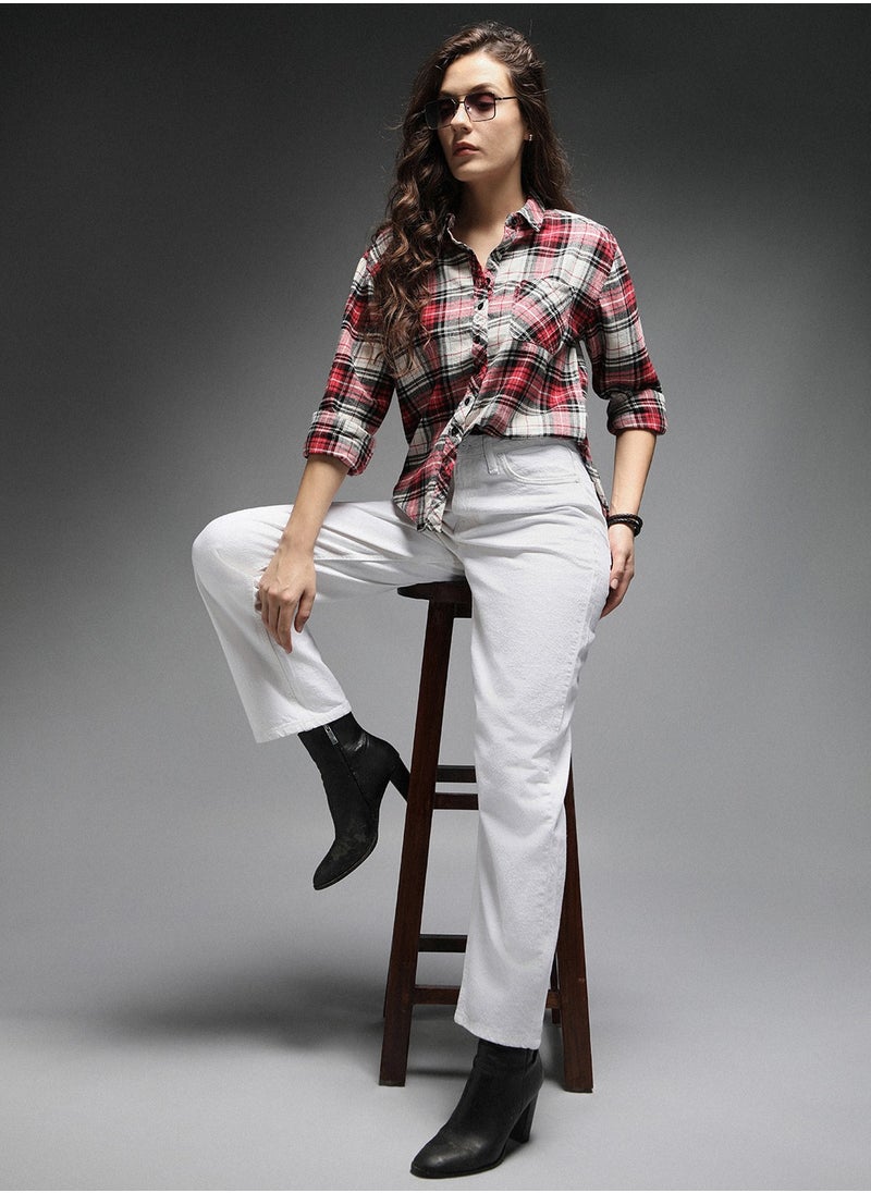 HIGH STAR - Tartan Checks Spread Collar Long Sleeves Cotton Casual Shirt for Women - Image 1