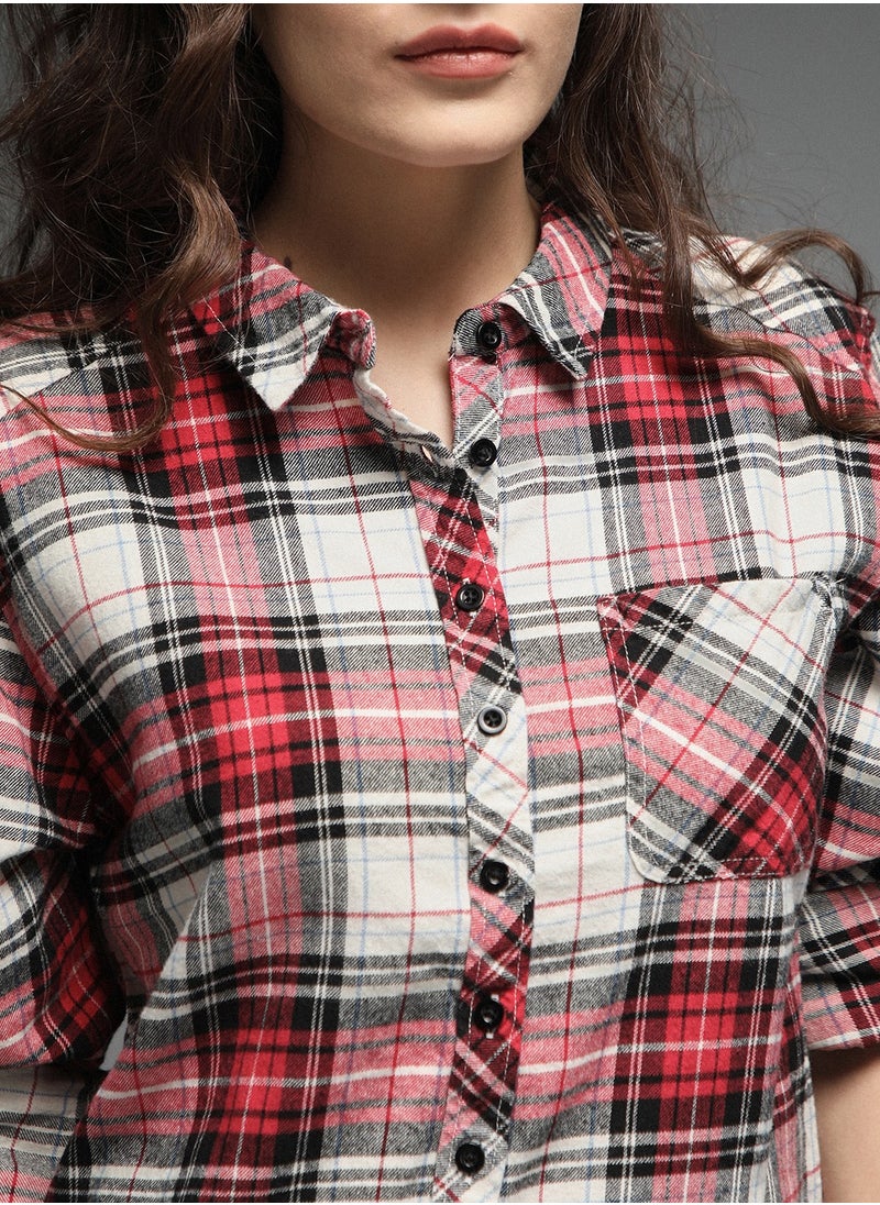HIGH STAR - Tartan Checks Spread Collar Long Sleeves Cotton Casual Shirt for Women - Image 1