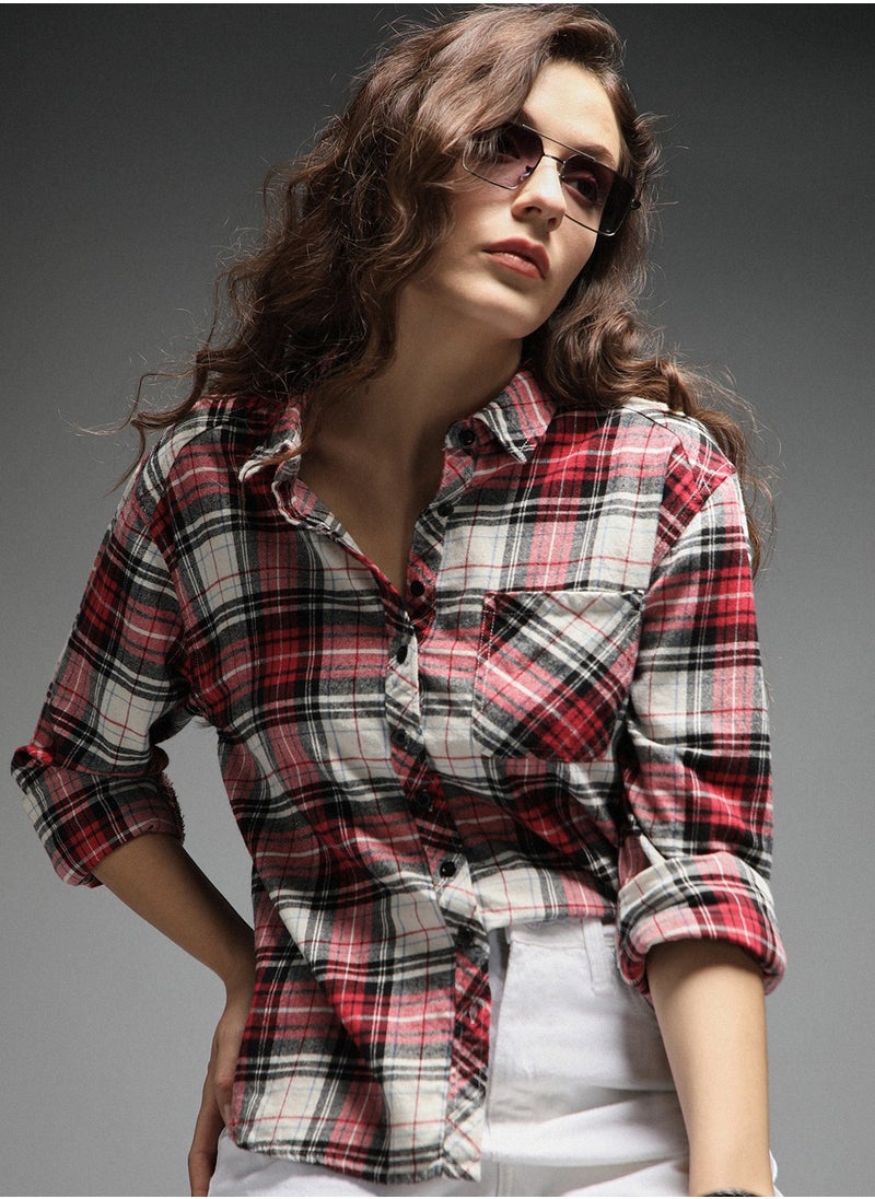 HIGH STAR - Tartan Checks Spread Collar Long Sleeves Cotton Casual Shirt for Women - Image 1