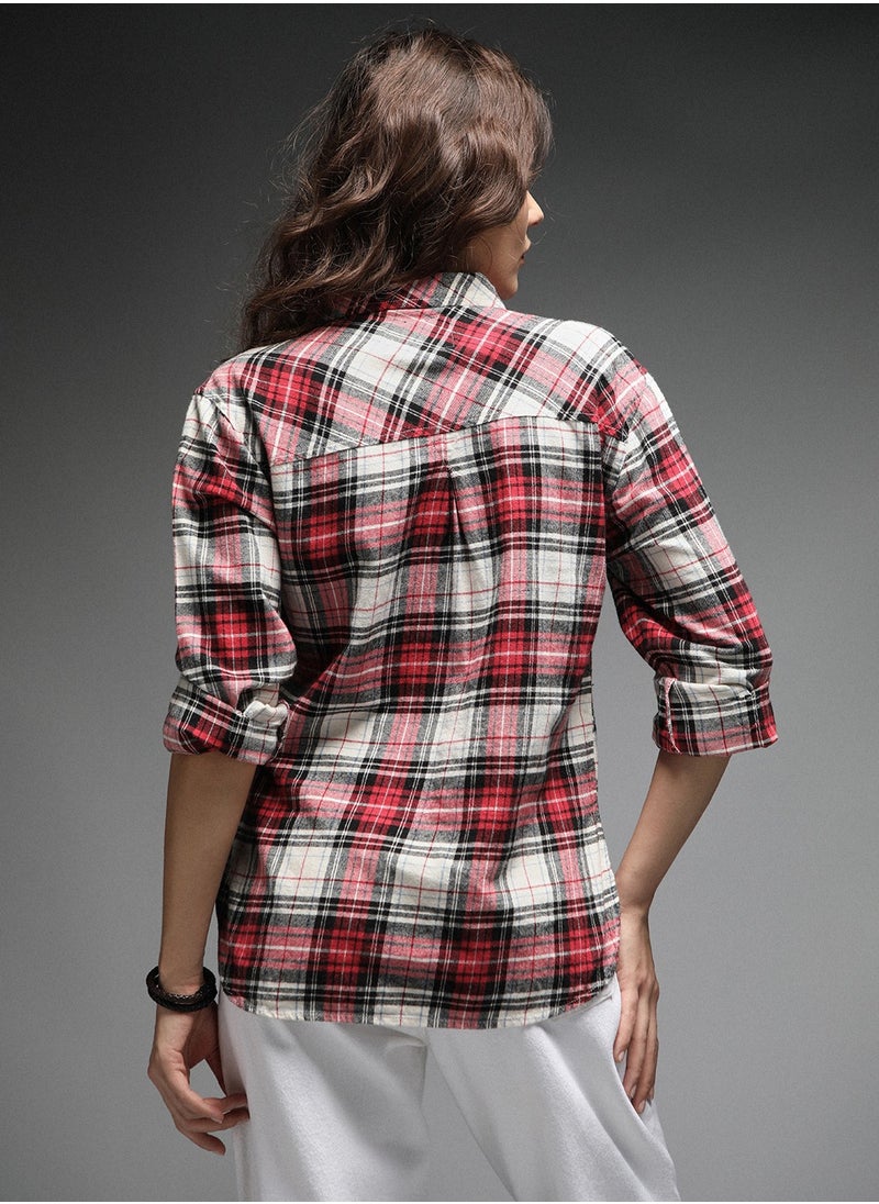 HIGH STAR - Tartan Checks Spread Collar Long Sleeves Cotton Casual Shirt for Women - Image 1