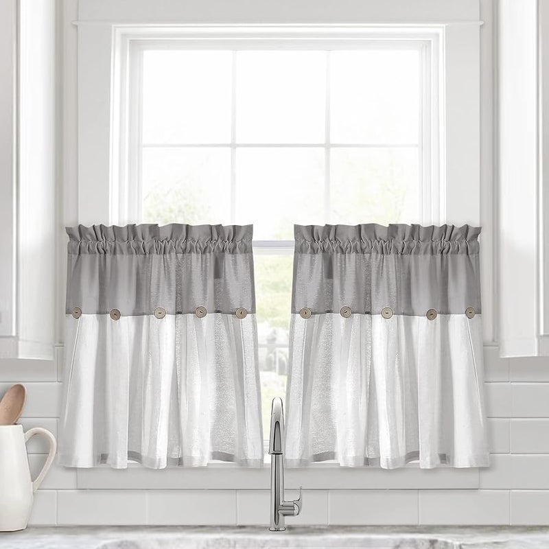 Lush Decor Linen Button Farmhouse Kitchen Tier Window Curtains 29L x 24W Gray  White