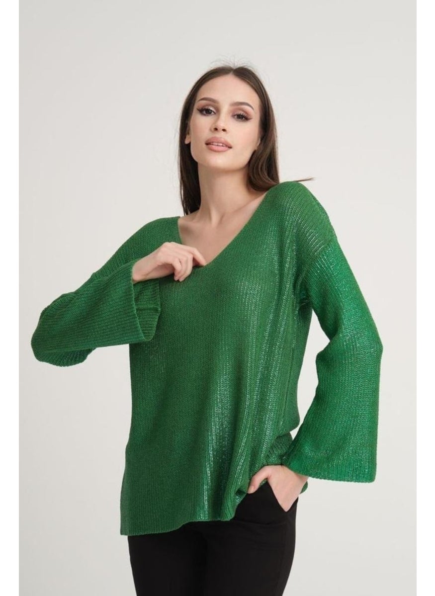 Su Moda Women 3387 Foil Coated New Year Sparkly V-Neck Shiny Long Sweater  - Image 2