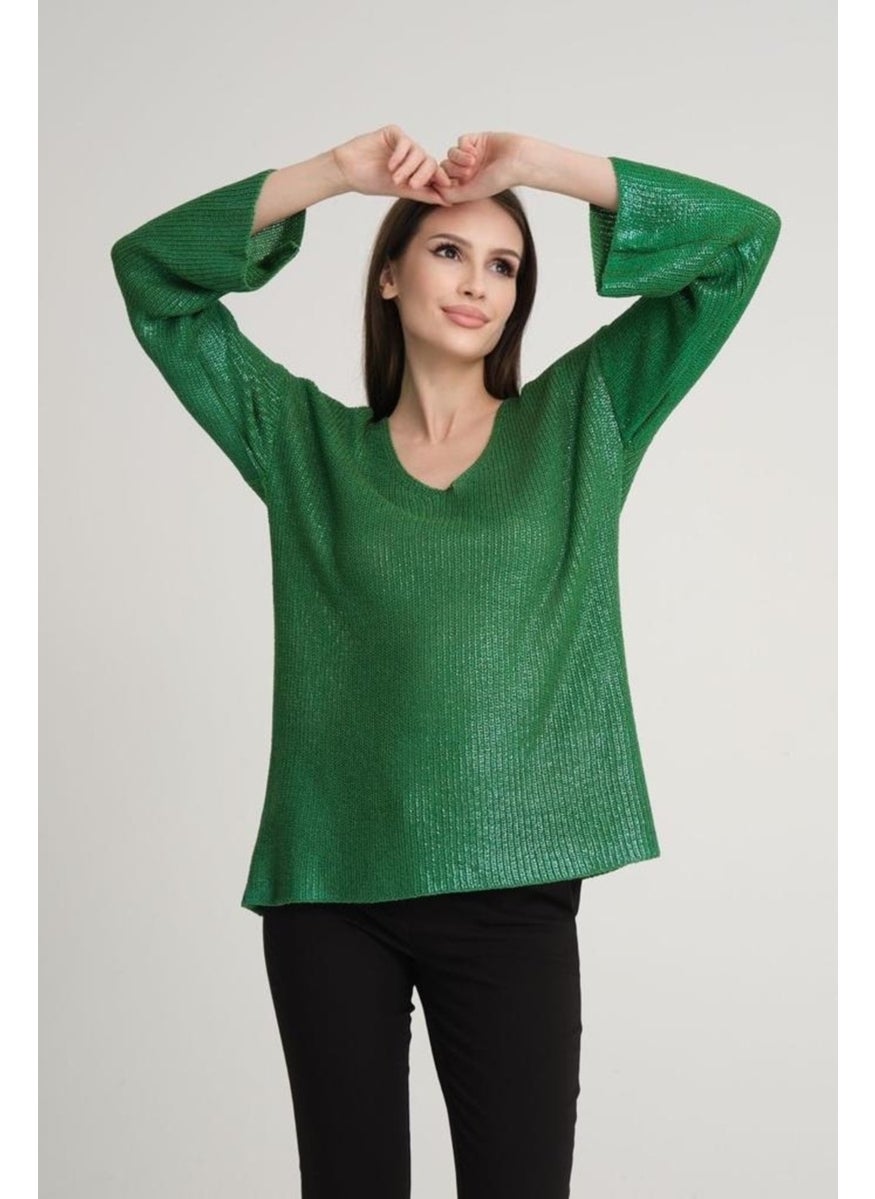 Su Moda Women 3387 Foil Coated New Year Sparkly V-Neck Shiny Long Sweater  - Image 1