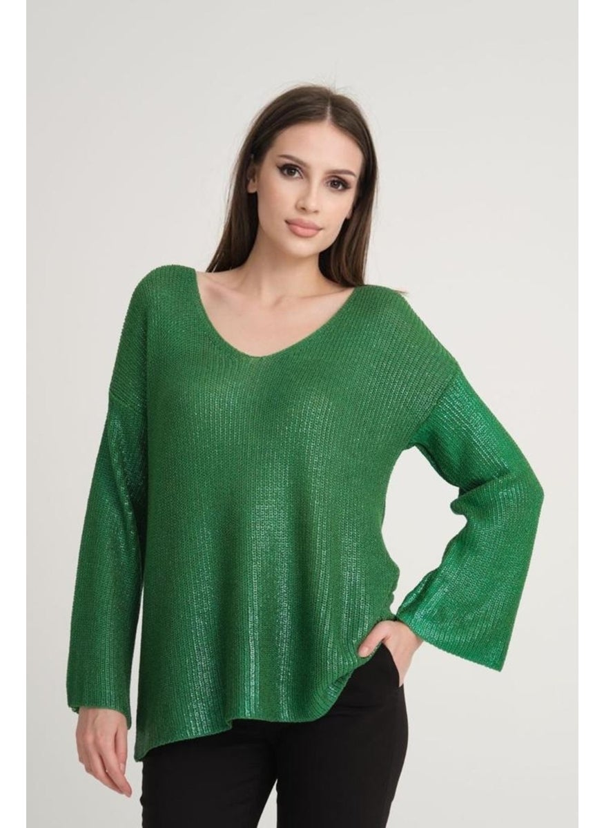Su Moda Women 3387 Foil Coated New Year Sparkly V-Neck Shiny Long Sweater  - Image 3