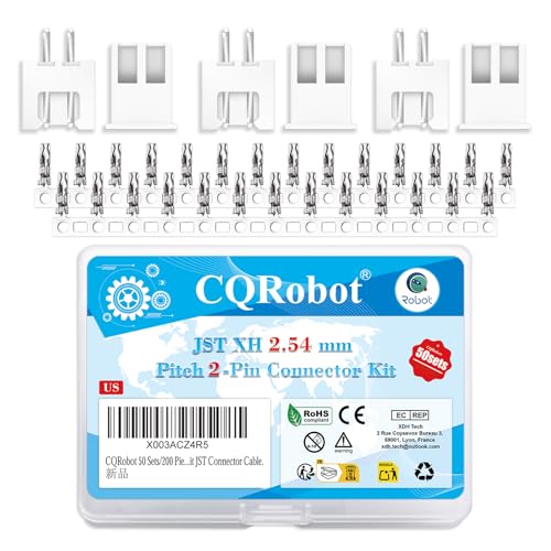 CQRobot JST XH 2.54 mm Pitch 2-Pin Electronic Computer Connector IC Male Plugs, Female Sockets Housing and T-Shaped Crimp Terminal Kit. 50 Sets/200 Pieces Wire-to-Board Adapter Cable Assembly. - Image 1