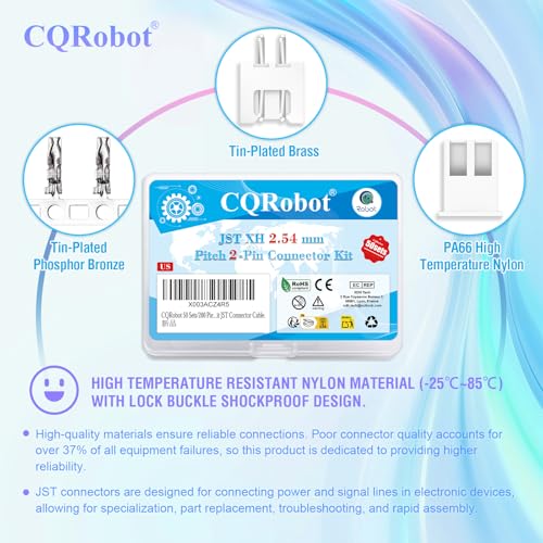 CQRobot JST XH 2.54 mm Pitch 2-Pin Electronic Computer Connector IC Male Plugs, Female Sockets Housing and T-Shaped Crimp Terminal Kit. 50 Sets/200 Pieces Wire-to-Board Adapter Cable Assembly. - Image 5