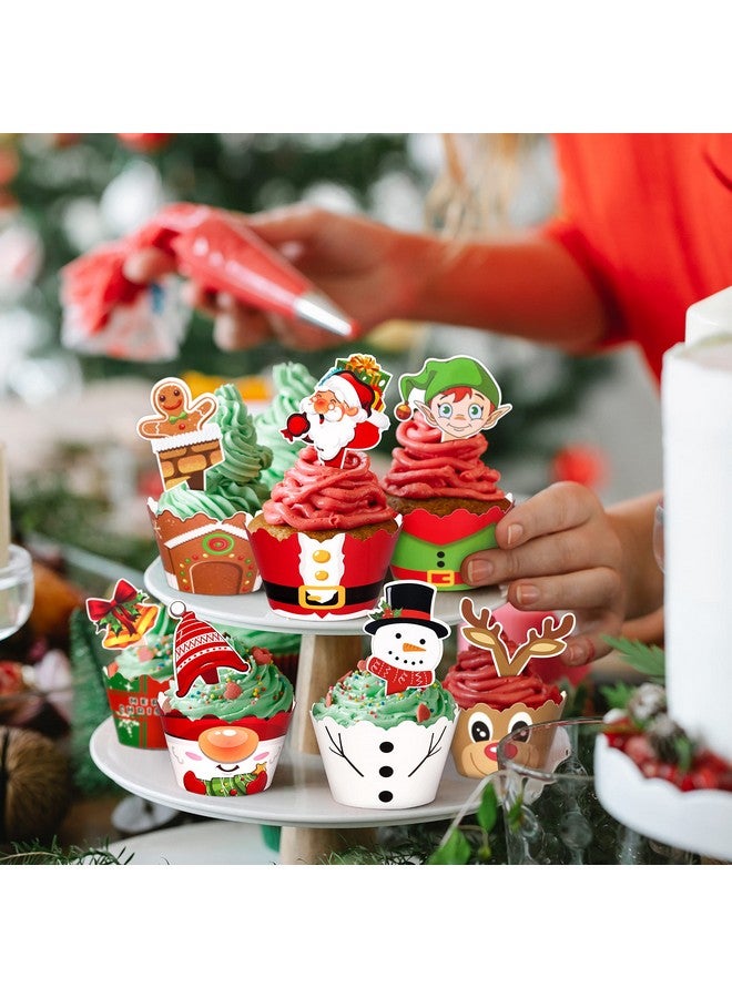 Moon Boat 128 Pieces Christmas Cupcake Toppers Wrappers Party Supplies Favors - Snowman Santa Claus Reindeer Elf Gnome Gingerbread - Image 3