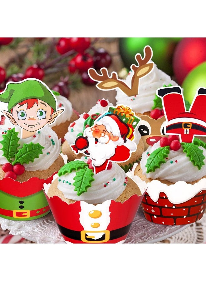 Moon Boat 128 Pieces Christmas Cupcake Toppers Wrappers Party Supplies Favors - Snowman Santa Claus Reindeer Elf Gnome Gingerbread - Image 2