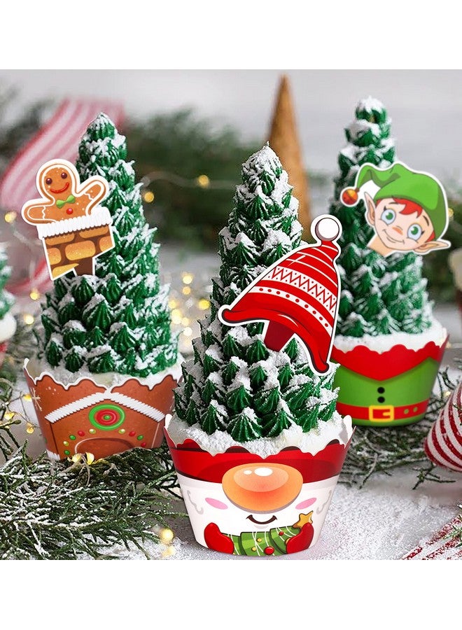 Moon Boat 128 Pieces Christmas Cupcake Toppers Wrappers Party Supplies Favors - Snowman Santa Claus Reindeer Elf Gnome Gingerbread - Image 4
