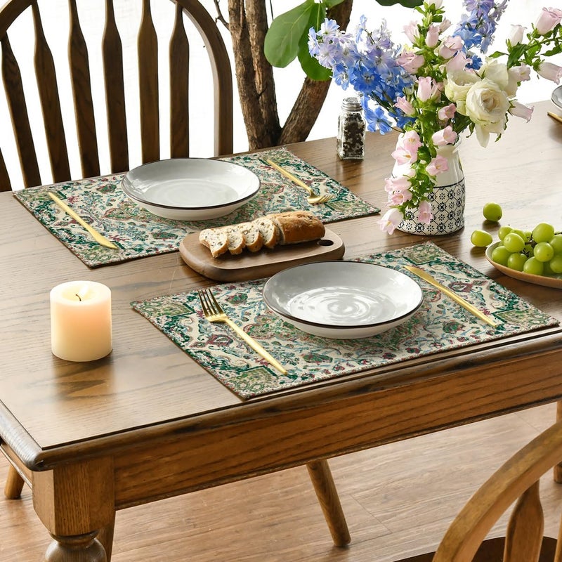 Artoid Mode Boho Placemats Set of 4 Daily Green Floral Bohemian Fall Table Mats for Home Party Dining Decoration 12x18 Inch - Image 3