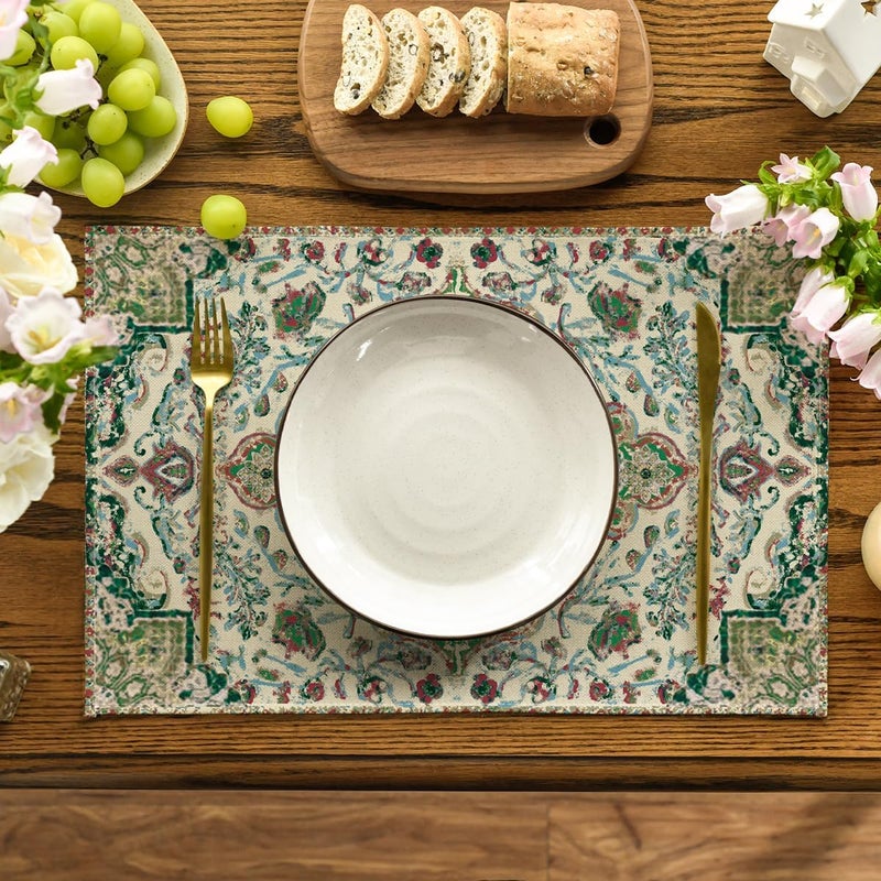 Artoid Mode Boho Placemats Set of 4 Daily Green Floral Bohemian Fall Table Mats for Home Party Dining Decoration 12x18 Inch - Image 2