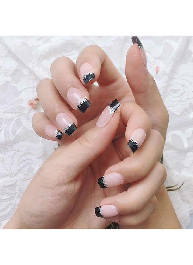 YUNAI - French Fake Nail Nude Nails With Black And Glitter Top Artificail Nails For Daily Wear Medium Size False Nails - Image 1