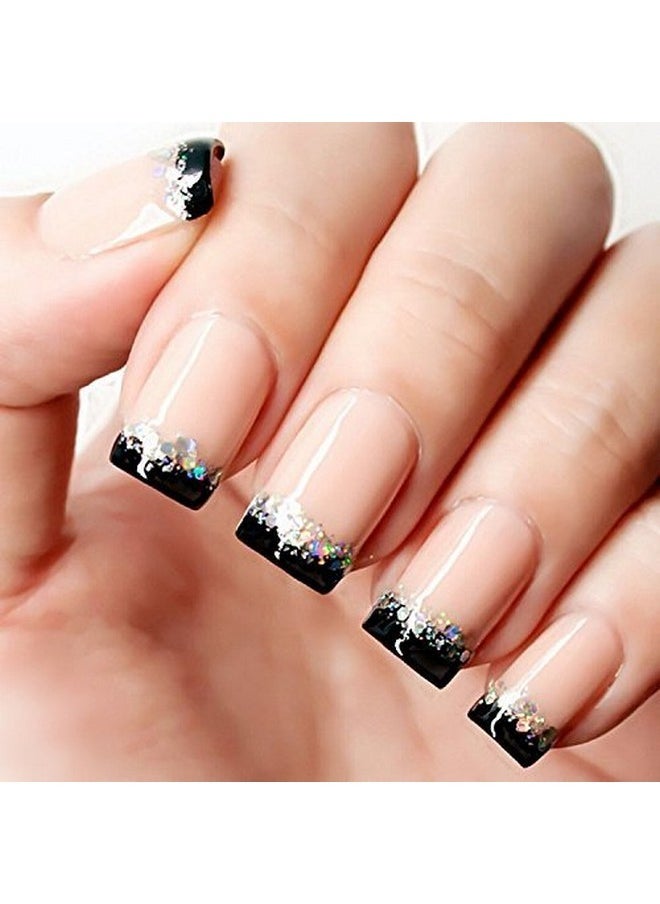 YUNAI - French Fake Nail Nude Nails With Black And Glitter Top Artificail Nails For Daily Wear Medium Size False Nails - Image 1