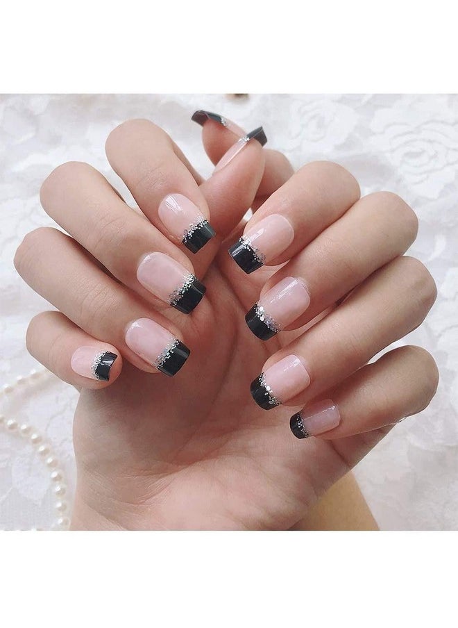 YUNAI - French Fake Nail Nude Nails With Black And Glitter Top Artificail Nails For Daily Wear Medium Size False Nails - Image 1
