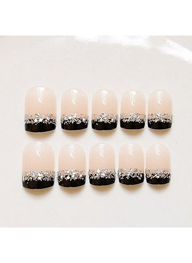 YUNAI - French Fake Nail Nude Nails With Black And Glitter Top Artificail Nails For Daily Wear Medium Size False Nails - Image 1