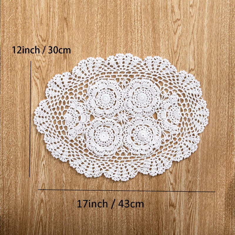 Eiyye 2-Pieces Handmade Cotton Crochet Doilies Oval Lace Table Crochet Placemats 12 x17inch  White - Image 2