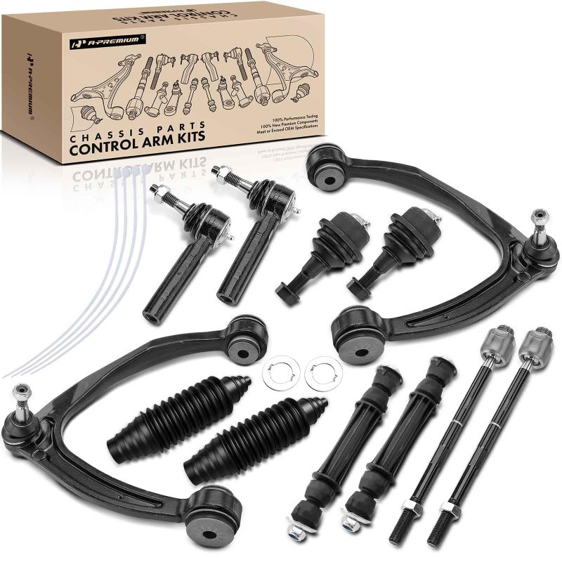A-Premium مجموعة تعليق أمامية A-Premium 12 قطعة ذراع تحكم علوي، مفصل كروي، وصلة قضيب التوازن، نهاية قضيب التوجيه، متوافقة مع شيفروليه سيلفرادو 1500 07-13 تاهو سوبربان GMC سييرا 1500 يوكون كاديلاك إسكاليد