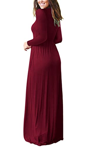 AUSELILY Women's Long Sleeve Dress Loose Plain Long Casual Maxi Dresses with Pockets 2025 New Wine Red M - Image 5