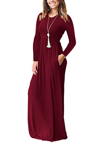 AUSELILY Women's Long Sleeve Dress Loose Plain Long Casual Maxi Dresses with Pockets 2025 New Wine Red M - Image 2