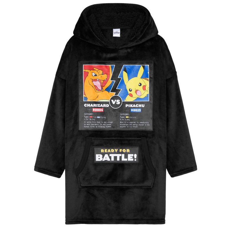 Pokemon Hoodie for Boys  Pikachu Oversized Blanket Hoodie Kids  Fleece Poncho (Black Charizard/Pikachu) - Image 1