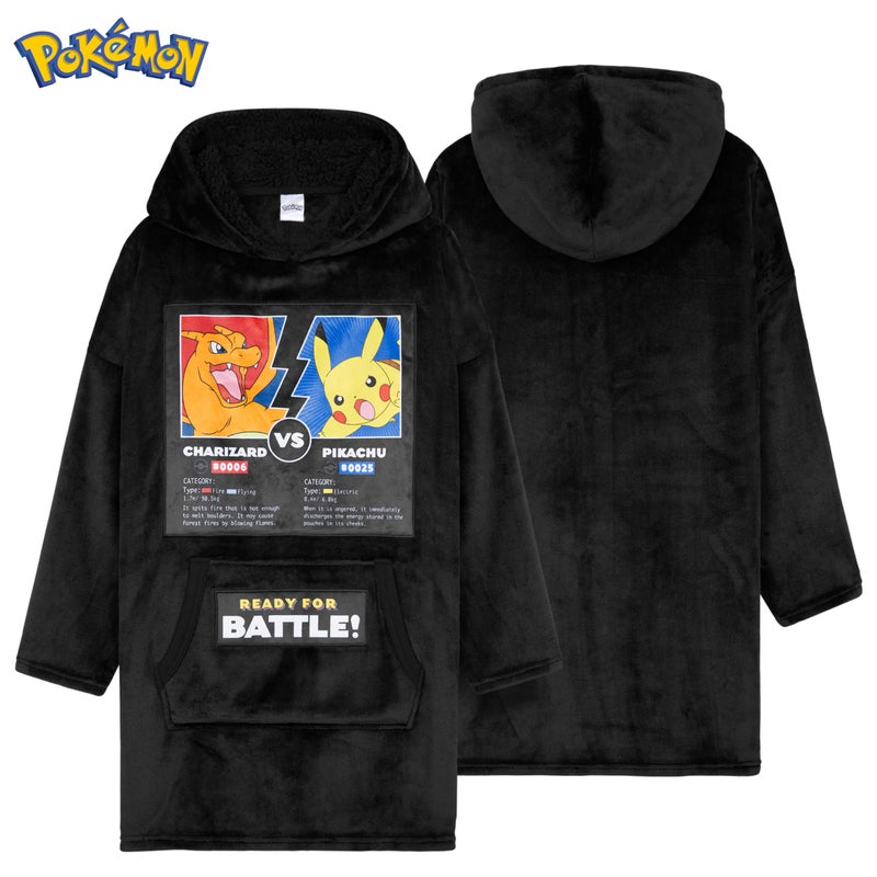 Pokemon Hoodie for Boys  Pikachu Oversized Blanket Hoodie Kids  Fleece Poncho (Black Charizard/Pikachu) - Image 4