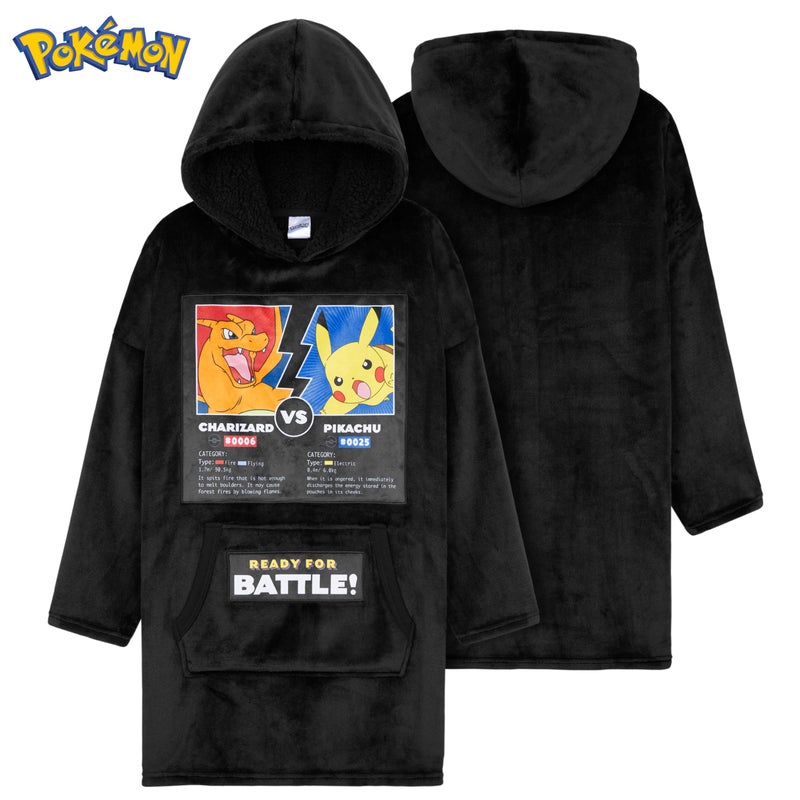 Pokemon Hoodie for Boys  Pikachu Oversized Blanket Hoodie Kids  Fleece Poncho (Black Charizard/Pikachu) - Image 2
