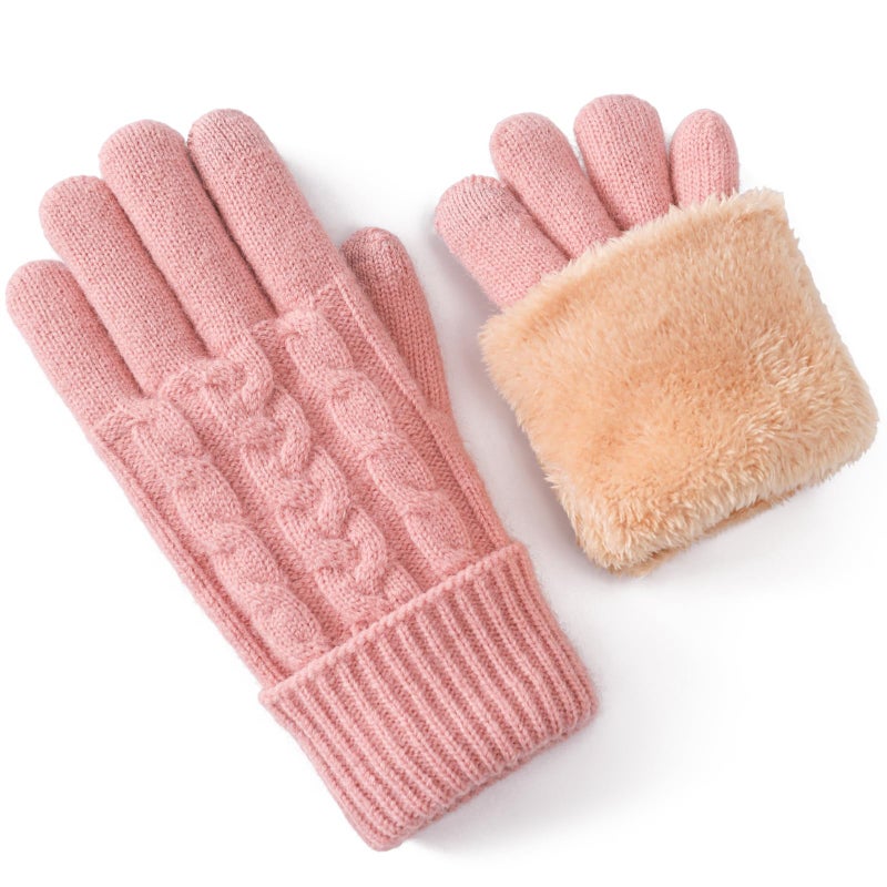Leamekor Winter Warm Fleece Lined Gloves for Women, Thermal Wool Cable Knit Gloves for Cold Weather, Touchscreen Fingers Folding Cuffs, Pink, One size - Image 1