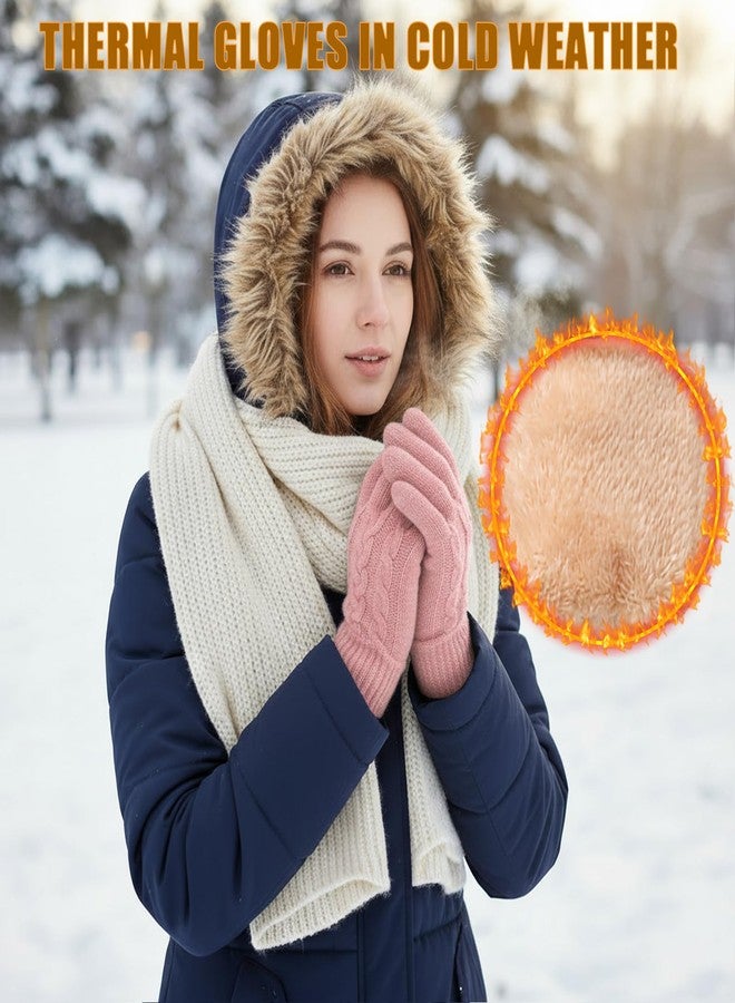 Leamekor Winter Warm Fleece Lined Gloves for Women, Thermal Wool Cable Knit Gloves for Cold Weather, Touchscreen Fingers Folding Cuffs, Pink, One size - Image 2