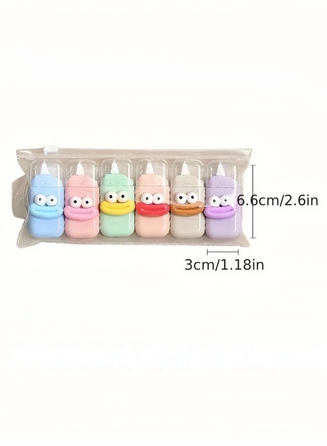 6 قطع شريط تصحيح مع شريط تعديل صغير محمول بوجه لطيف مثالي للطلاب يناسب حقائب الأقلام في الدفاتر والواجبات المنزلية أو أوراق الاختبارات التصميم يضيف متعة إلى وقت الدراسة خفيف الوزن لسهولة حمله إلى المدرسة أو الدروس الخصوصية - Image 4